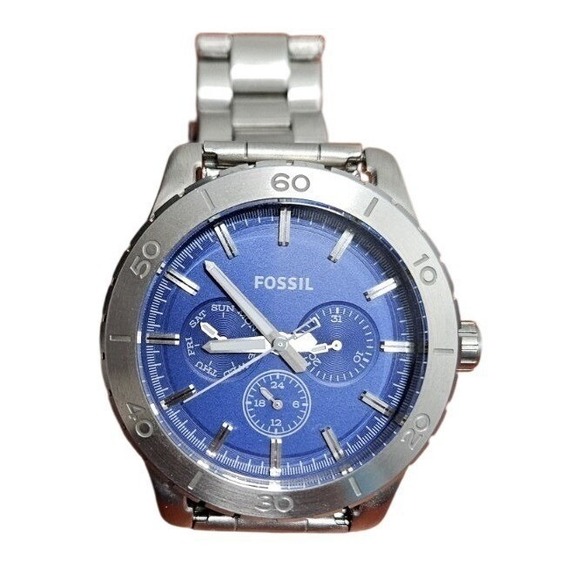 Fossil BQ1056 Mens Blue Dial Stainless Steel Multifunction Watch with Tin